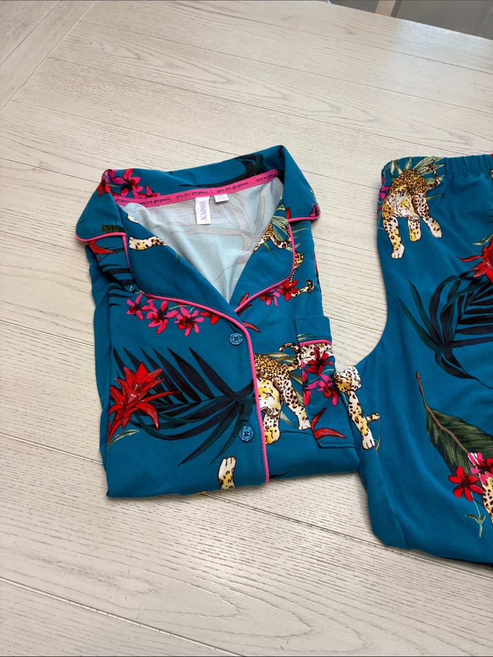 Joyspun Teal Leopard & Tropical Print Pajama Set